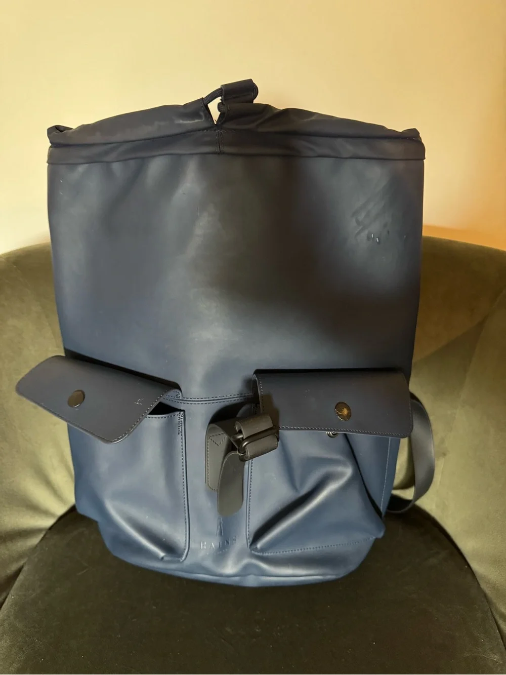 Rains Navy Blue Roll-Top Backpack with Front Pockets